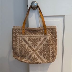 Hand Made Beige Woven Tote Bag with Tan Straps